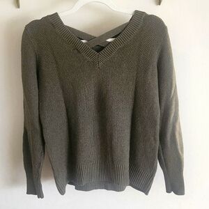 Women's Olive V-Neck Knit Sweater with Back Straps
